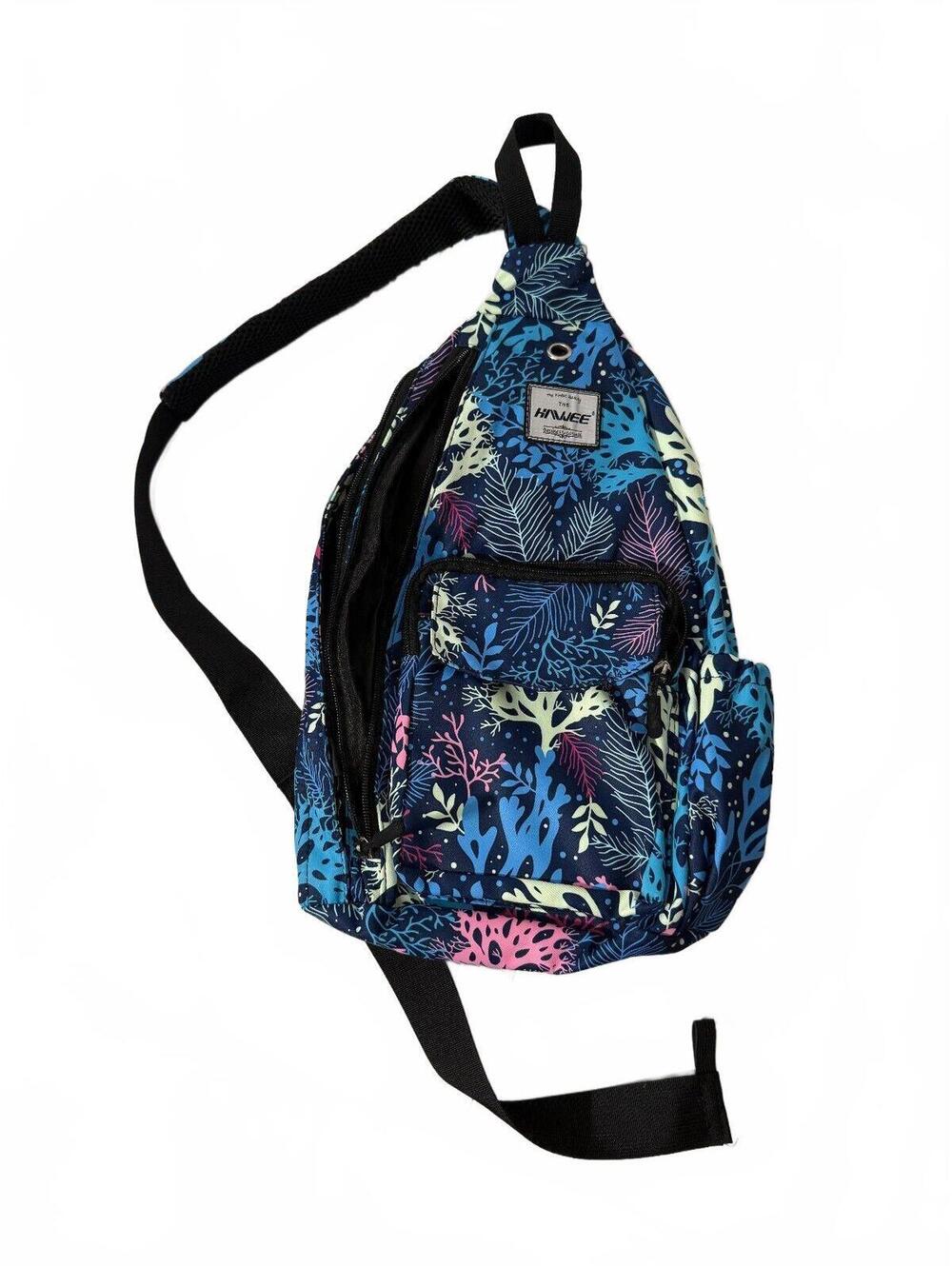 HAWEE Blue Tropical Leaf Sling Crossbody Backpack